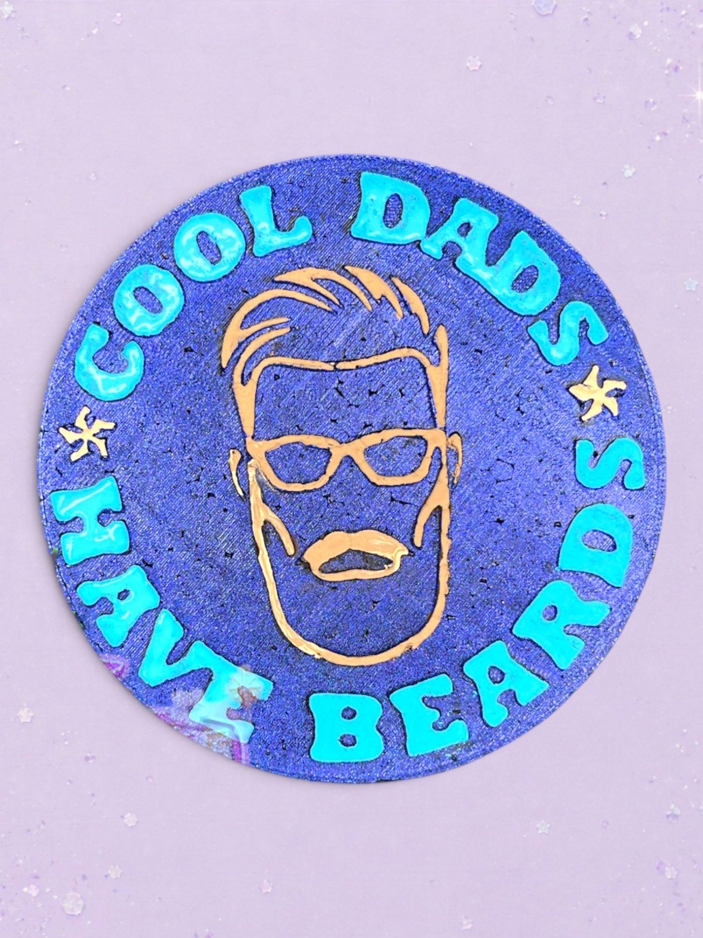 BeFreshie Cool Dads Have Beards car freshie featuring a blue circular design with a gold bearded man icon and text.