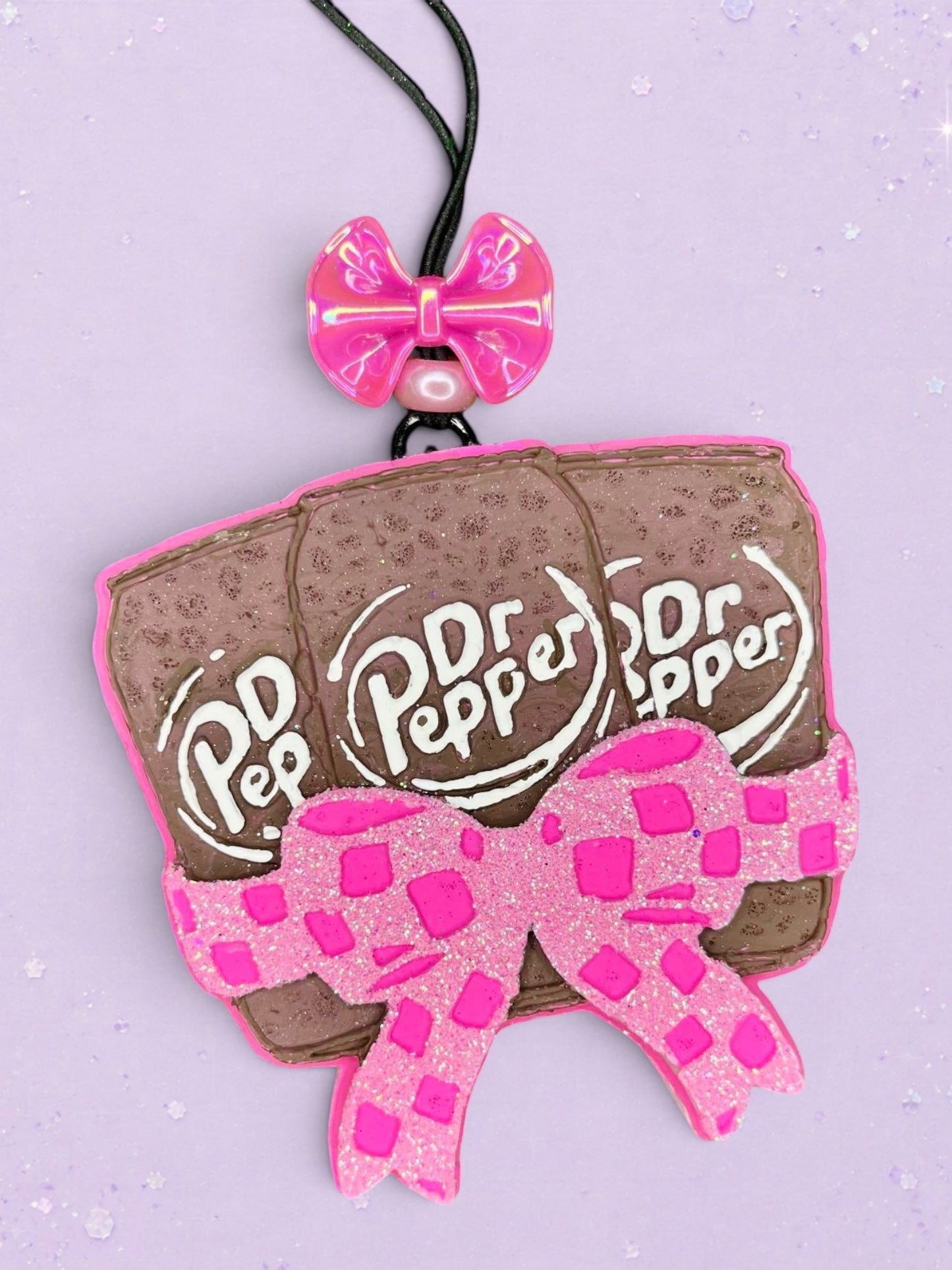 BeFreshie 3 Dr Pepper soda can car freshie featuring a glittery pink bow and a small pink bow accent on a purple background