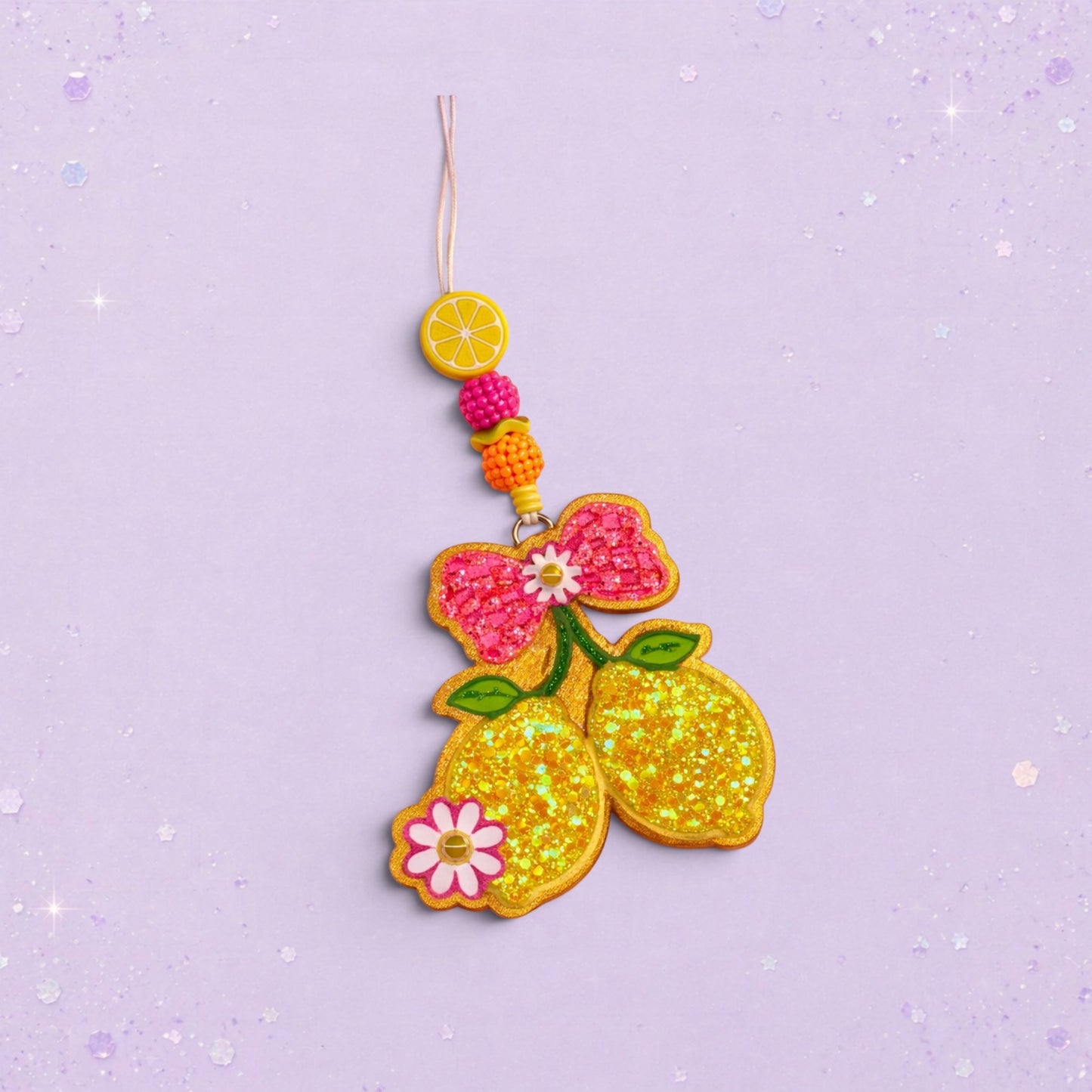 BeFreshie glittery yellow lemons with pink bow and floral accents, beaded string with lemon slice charm.