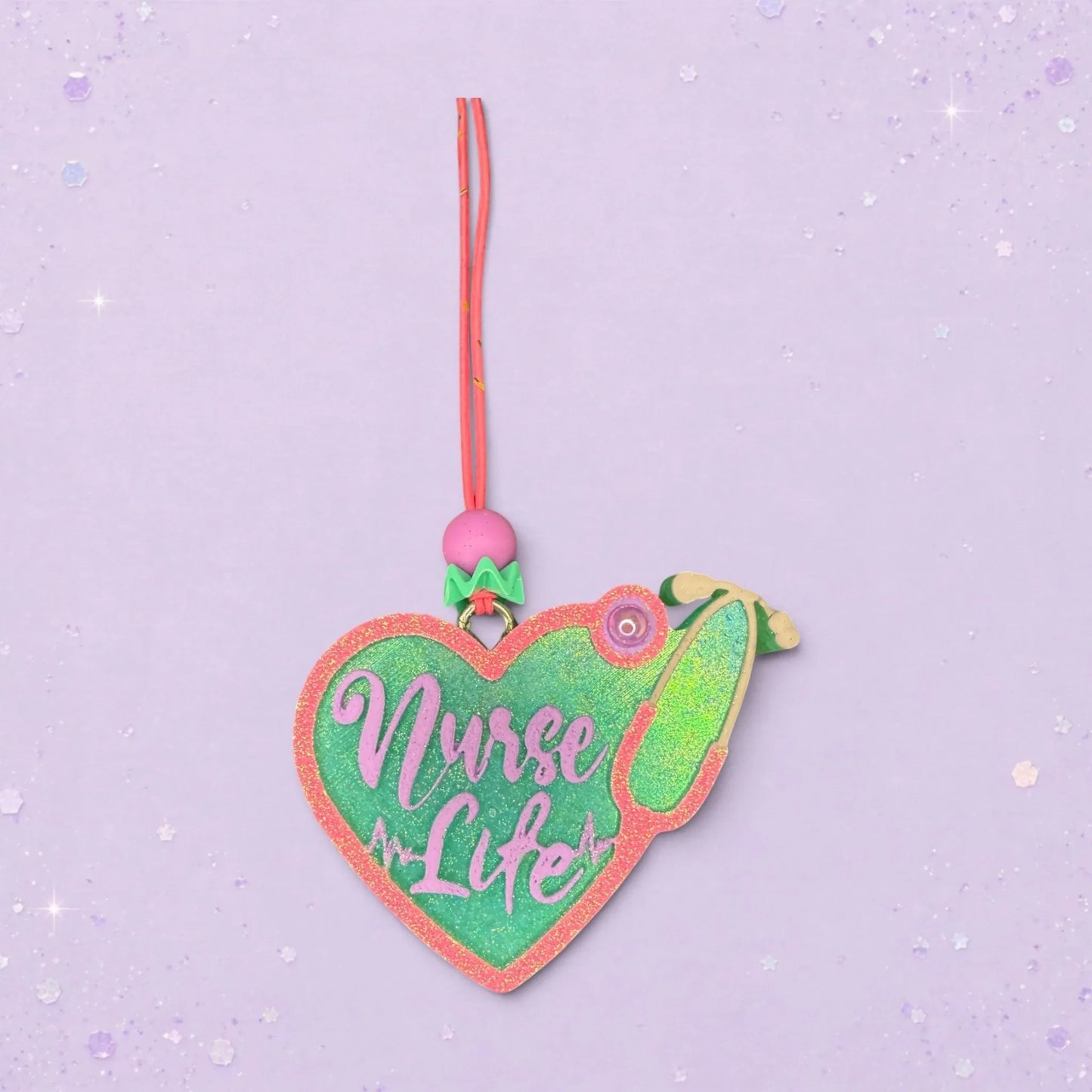 BeFreshie glittery heart-shaped nurse life freshie with stethoscope accent and pink cord