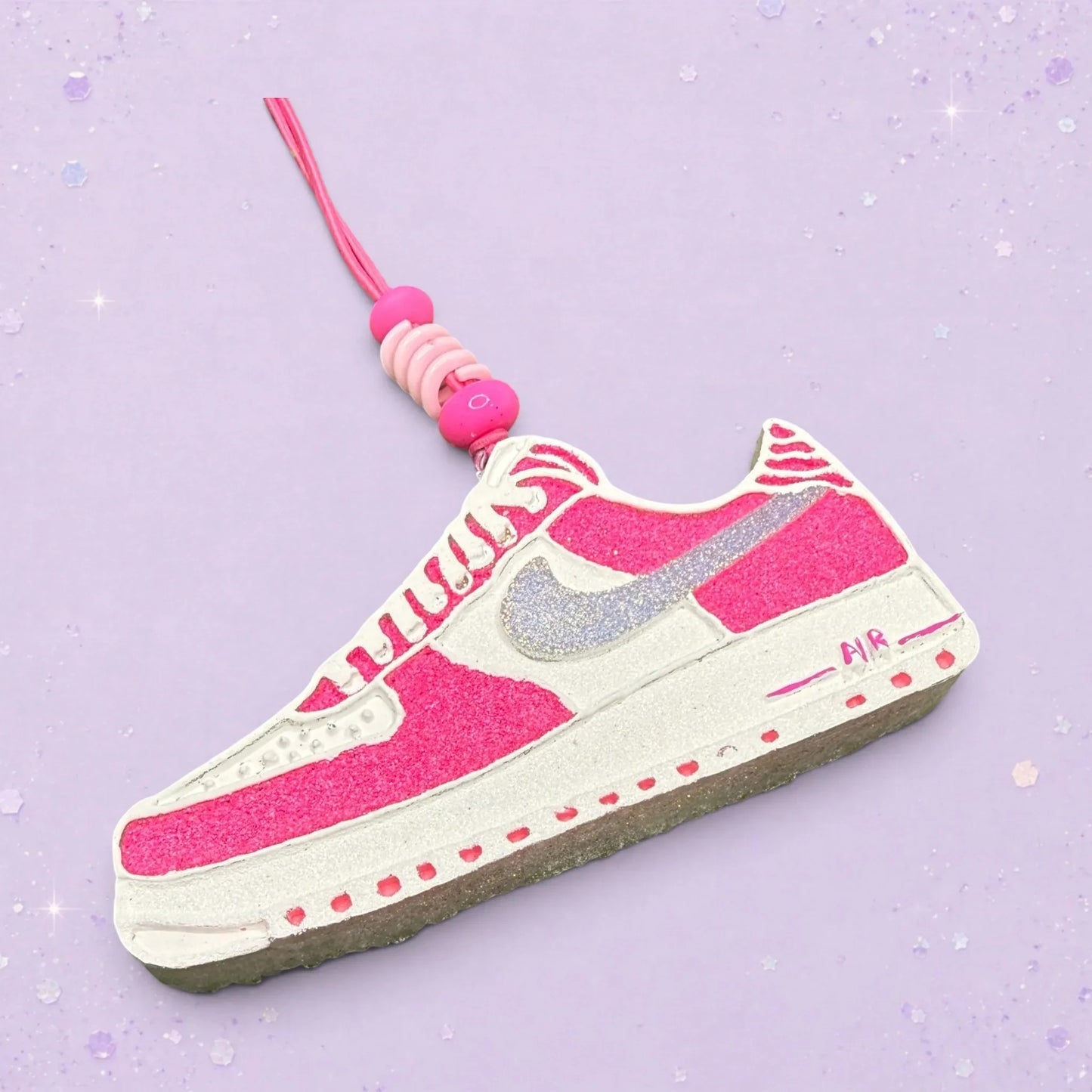 BeFreshie pink and white glitter Nike Air Force 1 shoe charm with pink beaded lanyard.