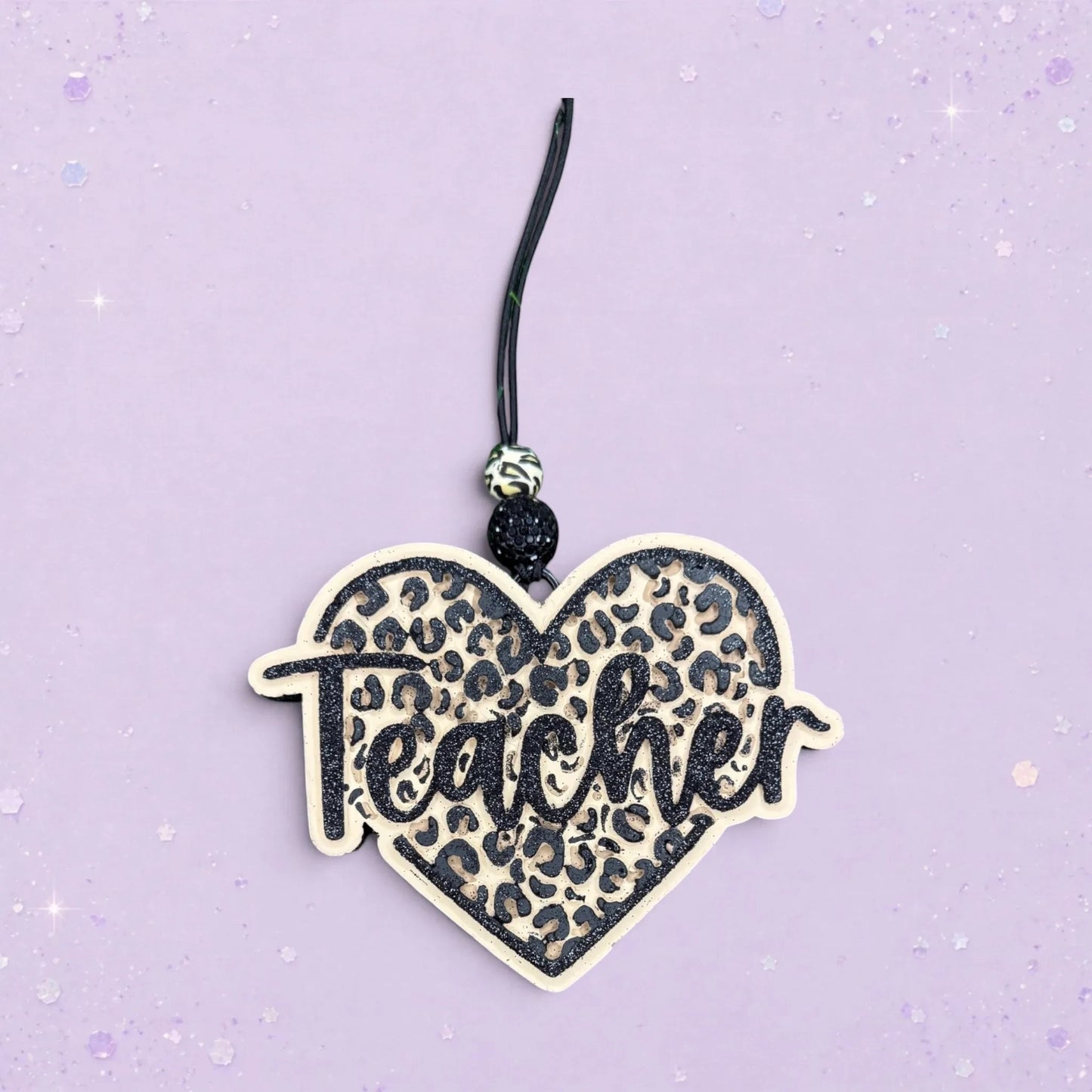 BeFreshie Teacher animal print heart freshie with glitter accents and black string hanger.