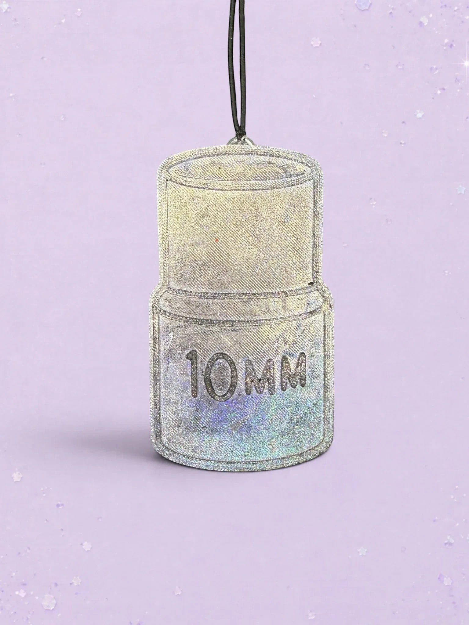 BeFreshie 10 Mm car air freshener with a shimmering holographic finish and black hanging cord