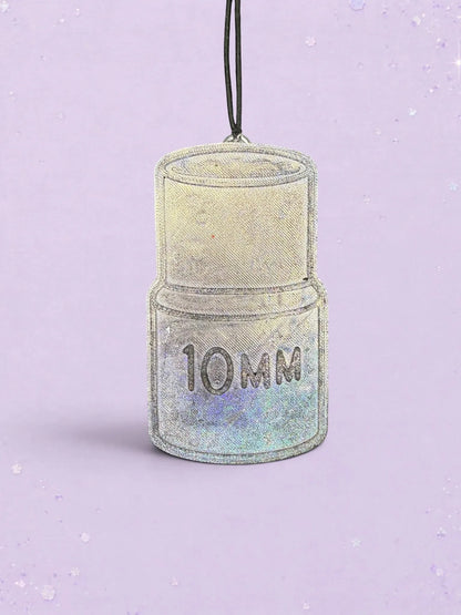 BeFreshie 10 Mm car air freshener with a shimmering holographic finish and black hanging cord