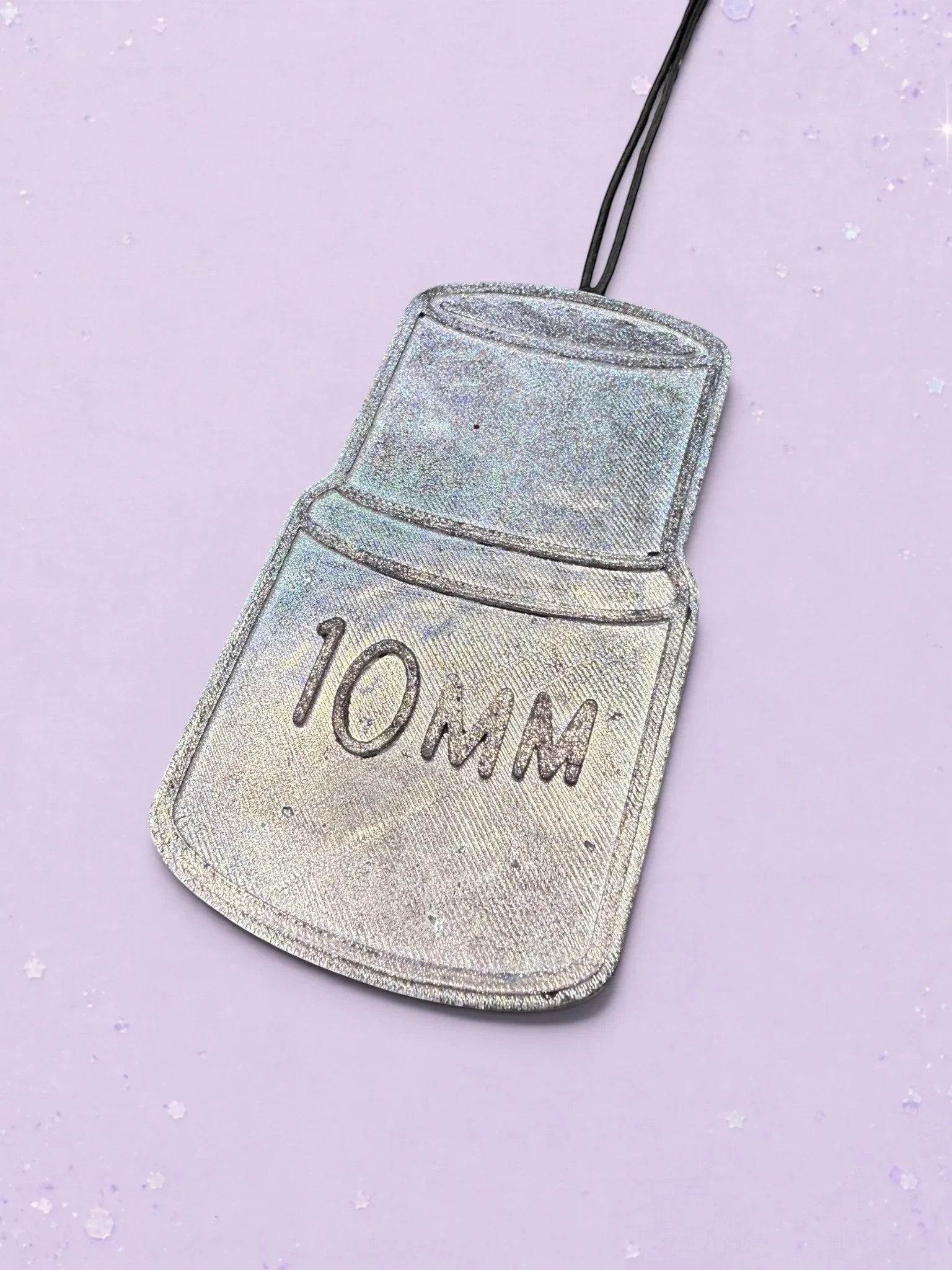 BeFreshie 10 Mm car air freshener in a shimmering silver holographic finish with a black hanging cord