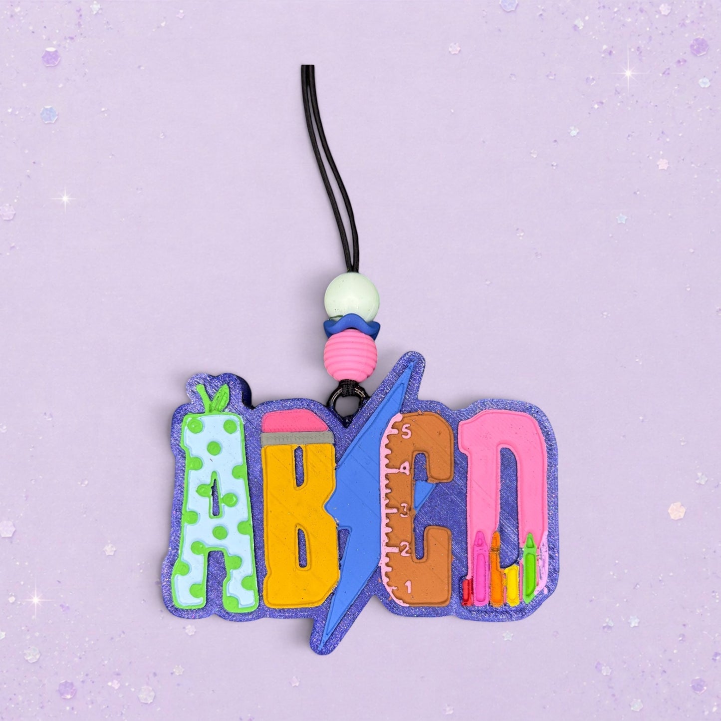 BeFreshie ABCD freshie with lightning bolt, ruler, pencil, and crayons. School themed teacher gift.