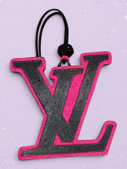BeFreshie LV logo car air freshener in black and hot pink glitter finish with a black hanging cord