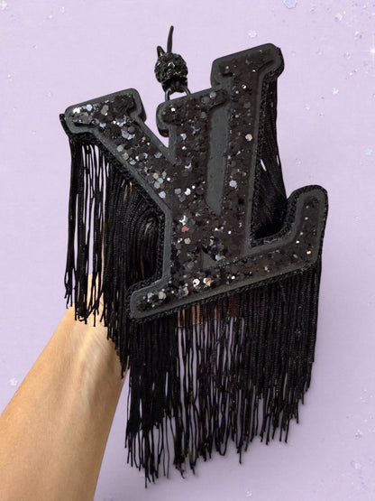 BeFreshie black LV logo car air freshener featuring sparkling sequins and long decorative fringe tassels