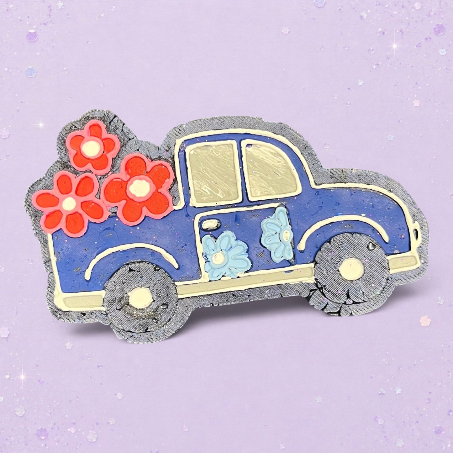 BeFreshie blue truck car freshie with red and light blue flowers on a light purple glitter background