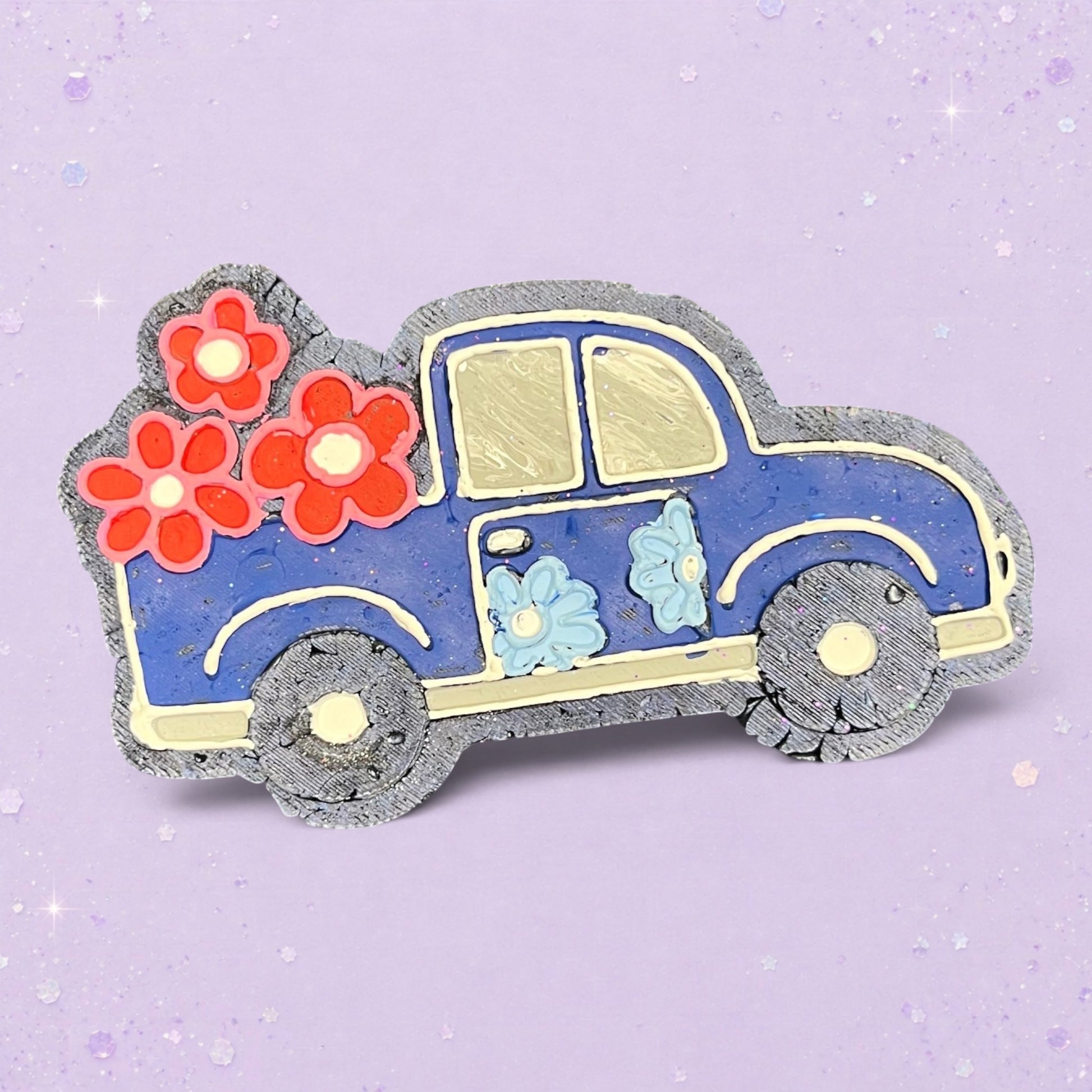 BeFreshie blue truck car freshie with red and light blue flowers on a light purple glitter background
