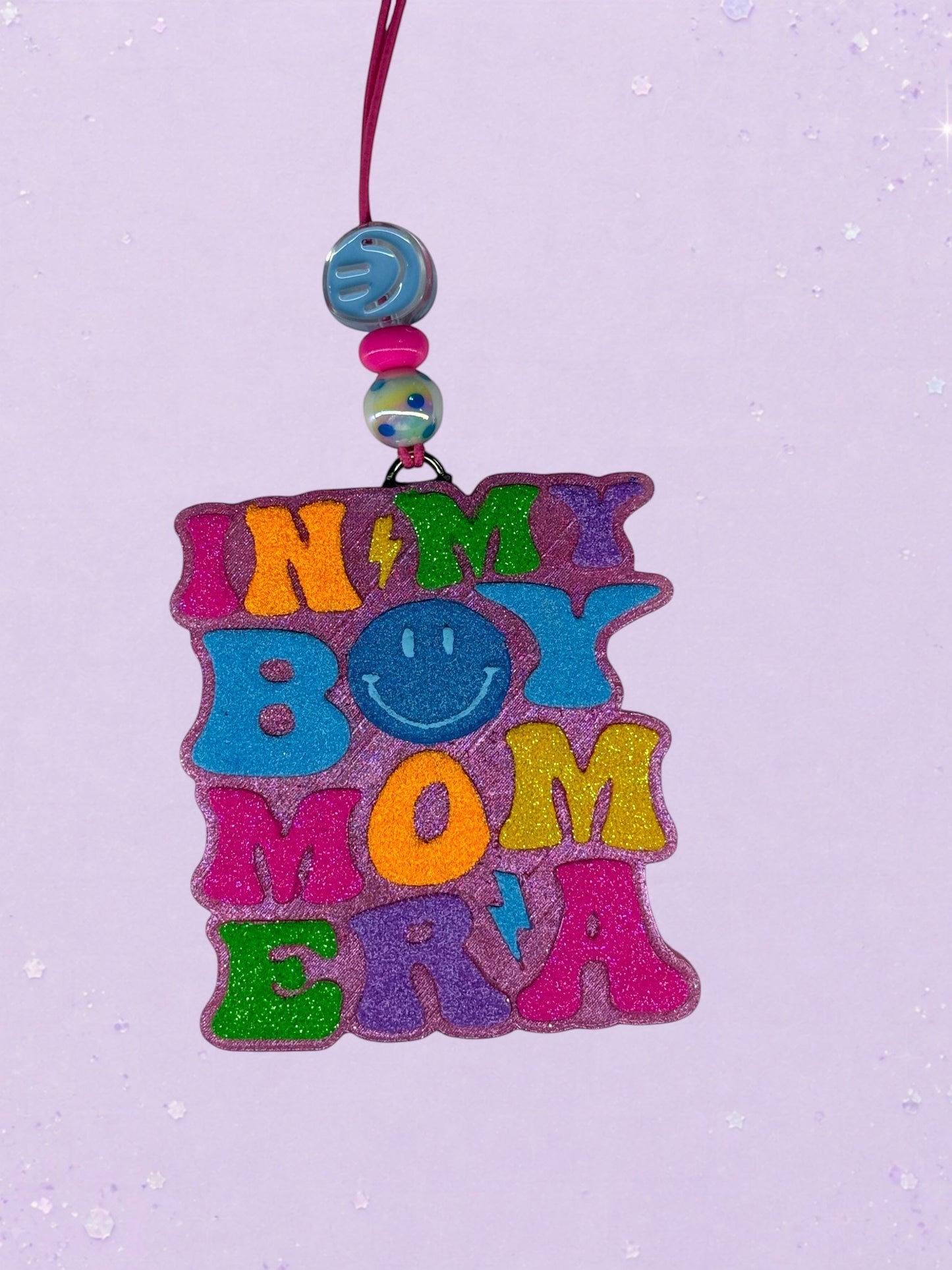 BeFreshie In My Boy Mom Era glitter freshie with smiley face and colorful beads. Perfect for car or home decor.