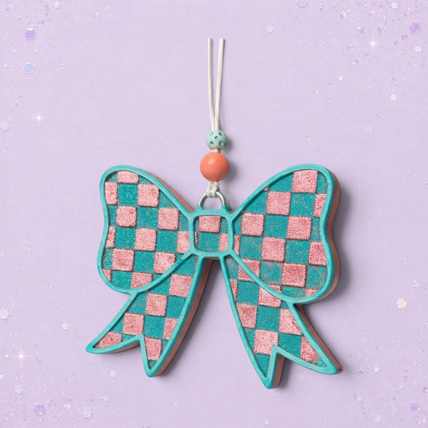 BeFreshie checkered bow freshie in teal and pink glitter with coral and mint beads.