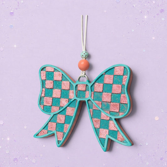 BeFreshie checkered bow freshie in teal and pink glitter with coral and mint beads.