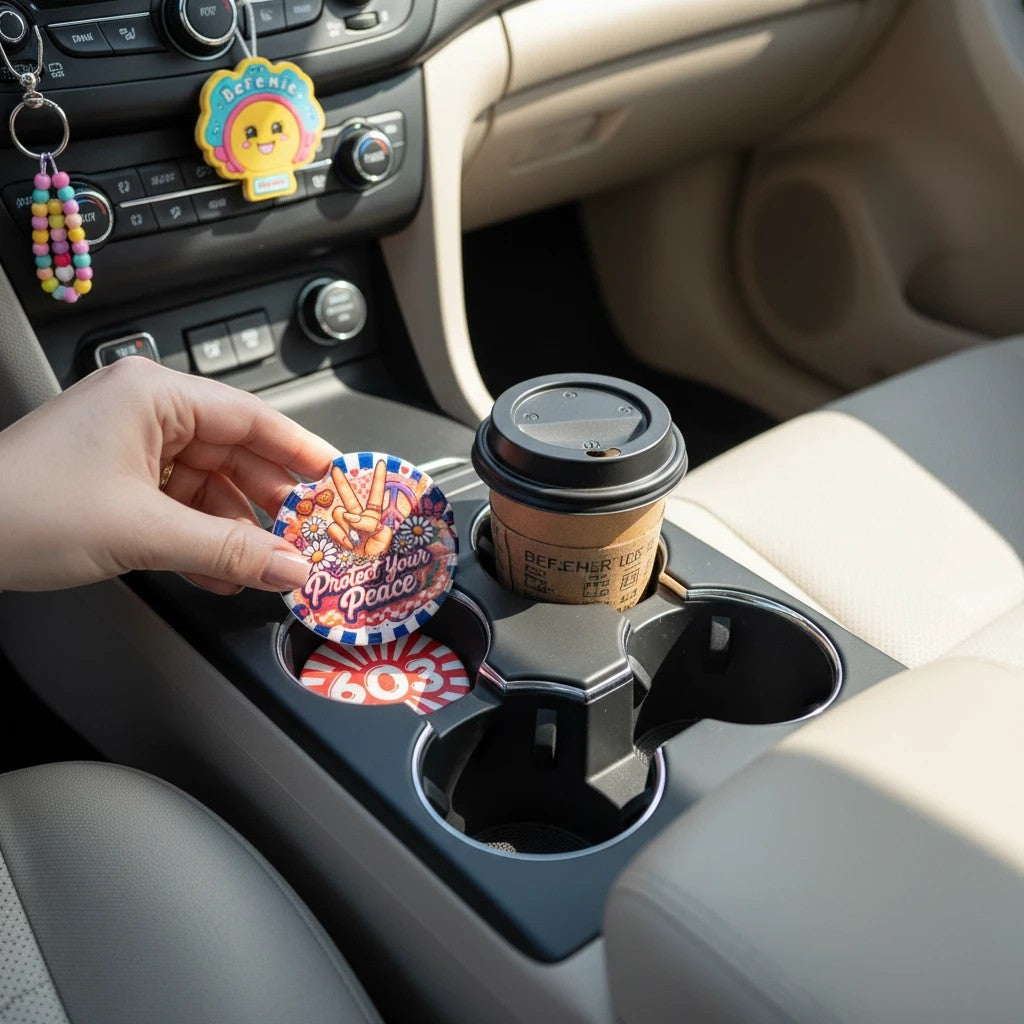 BeFreshie custom car coaster with peace sign and flowers, placed in car cup holder next to coffee cup.