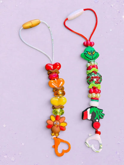 BeFreshie custom beaded car freshie hangers with turkey and Grinch charms, perfect for seasonal decor.