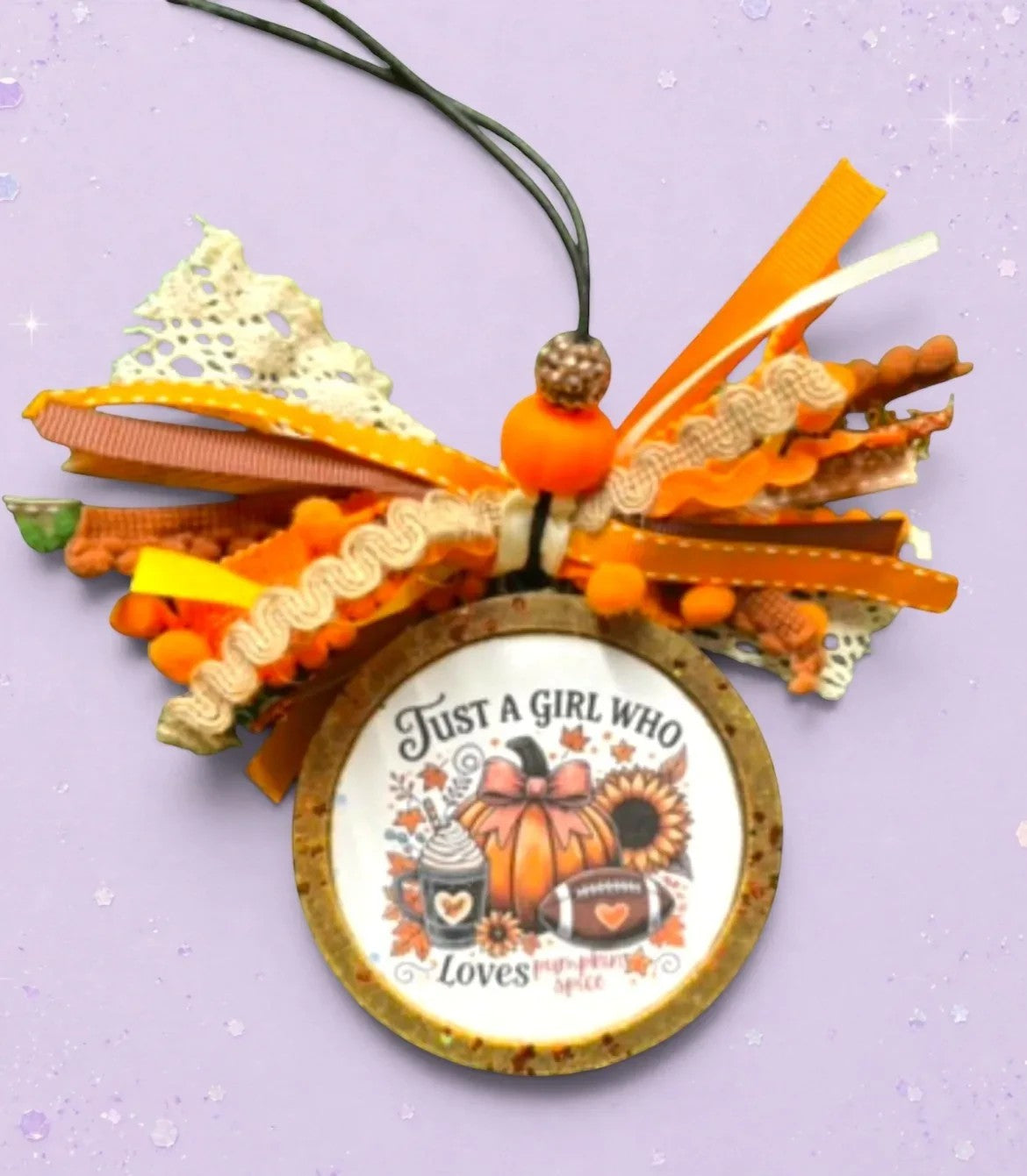 BeFreshie custom photo car air freshener with a pumpkin spice theme, featuring a pumpkin, sunflower, football, and coffee cup.