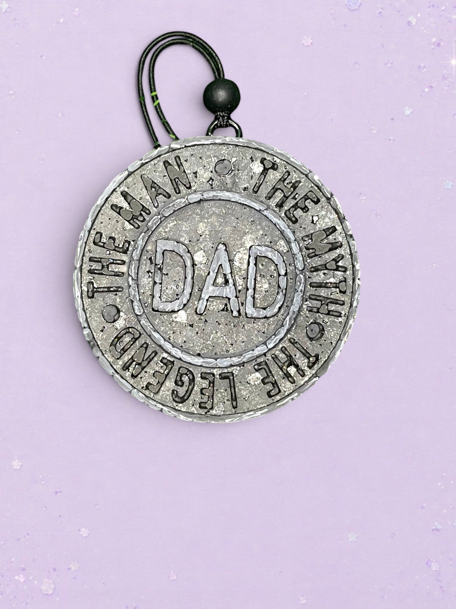 BeFreshie Dad The Man, The Myth, The Legend circular car air freshener in a textured metallic silver finish.