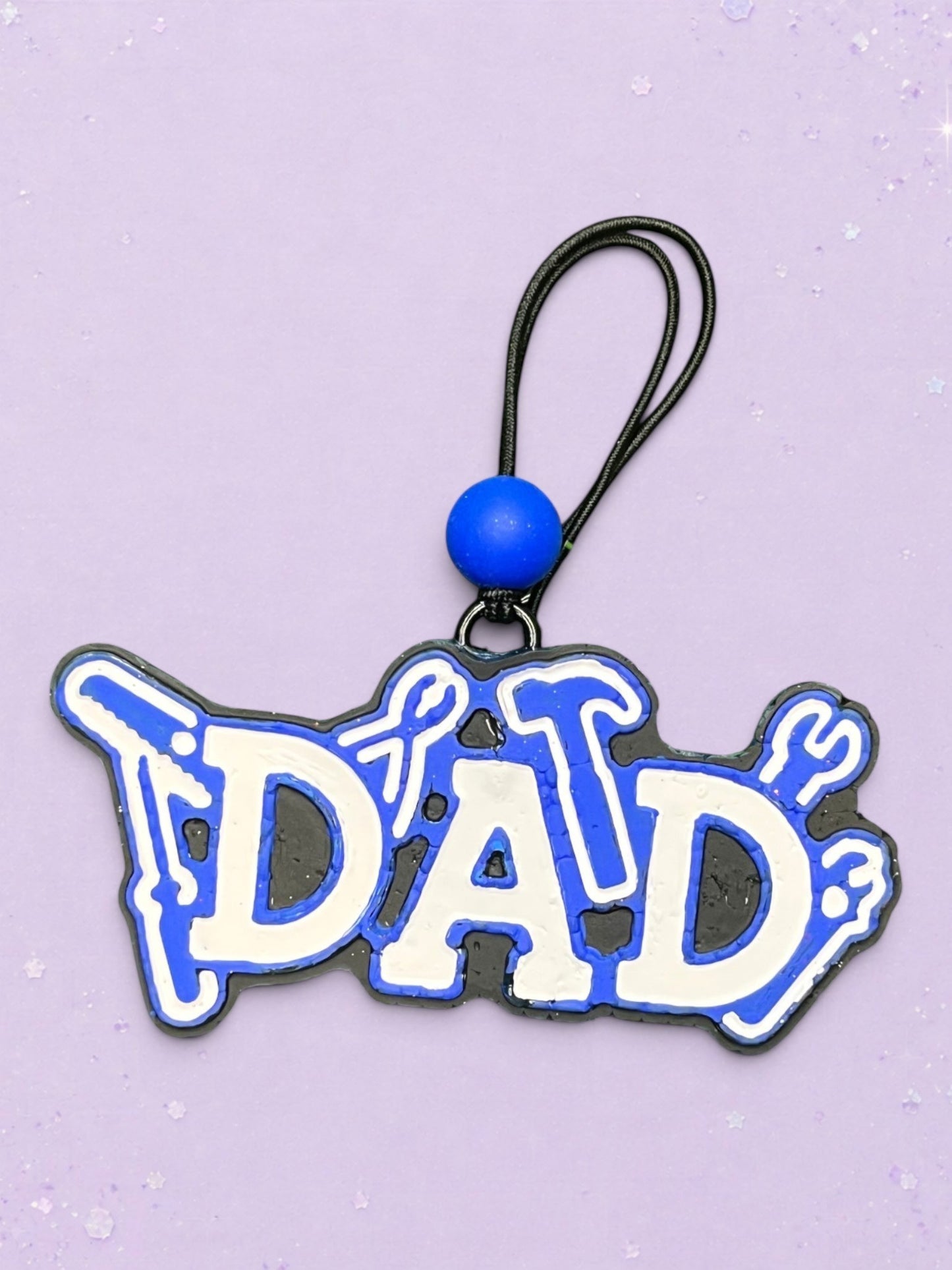 BeFreshie Dad W/Tools car air freshener in blue and white with tool-themed lettering and a blue bead hanging loop.