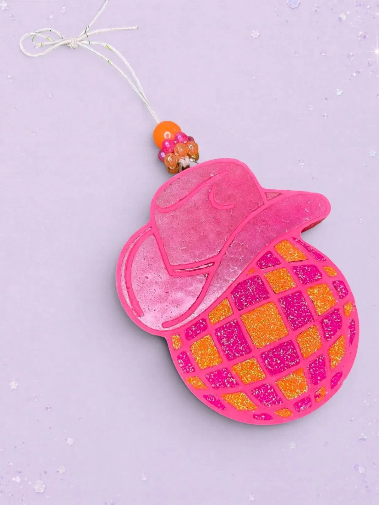 BeFreshie pink and orange glitter discoball with cowboy hat freshie ornament