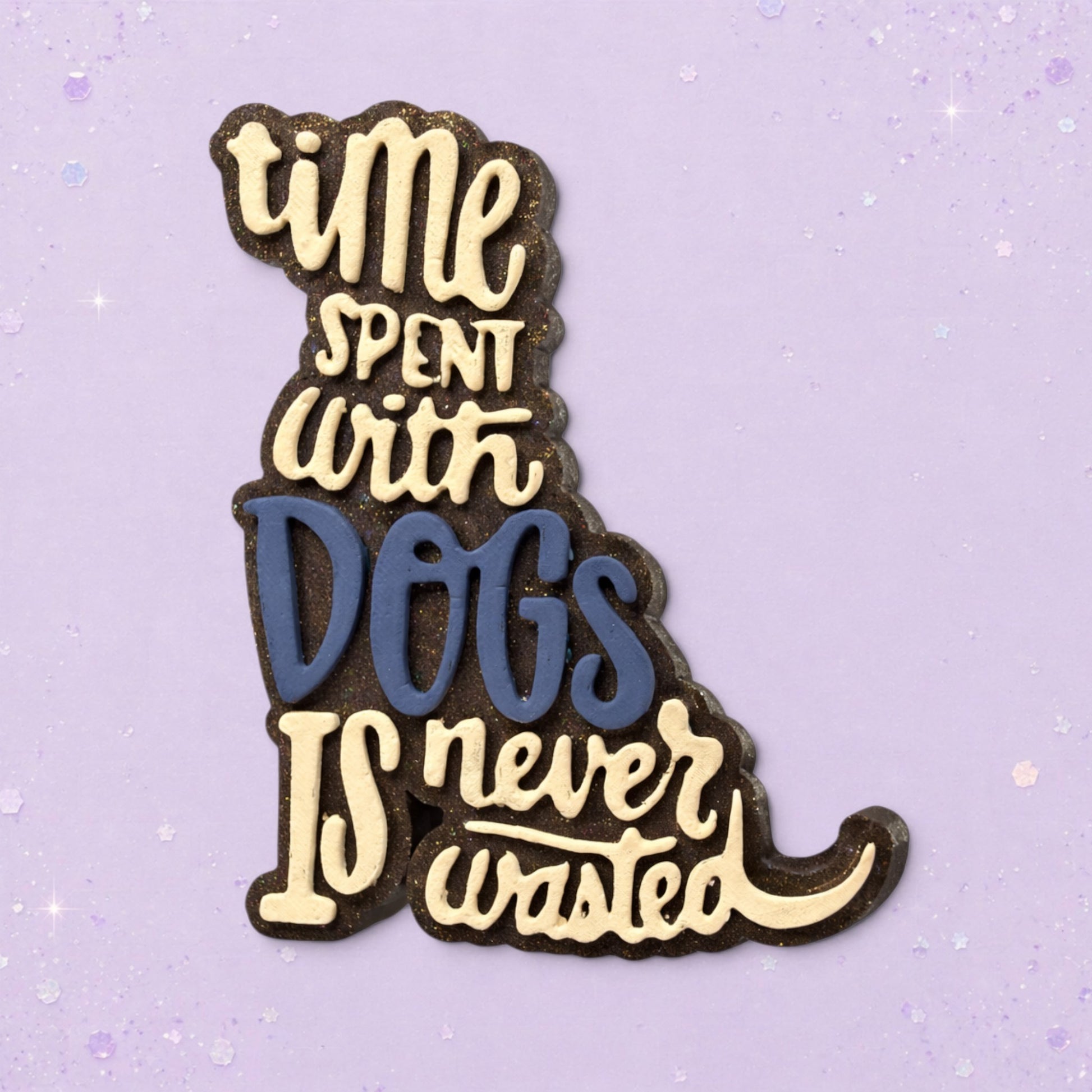 BeFreshie dog-shaped air freshener with "Time Spent With Dogs Is Never Wasted" text in cream and blue.