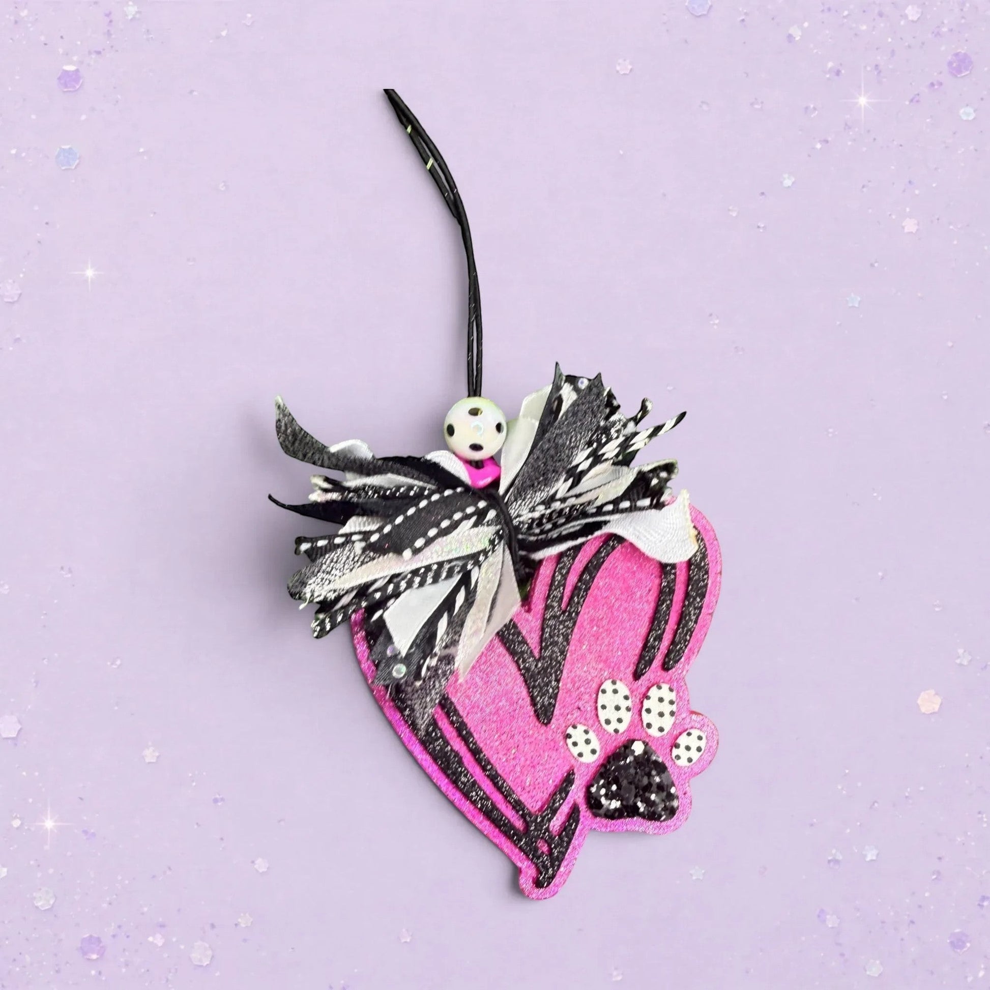 BeFreshie pink glitter heart freshie with black paw print and ribbon bow detail.