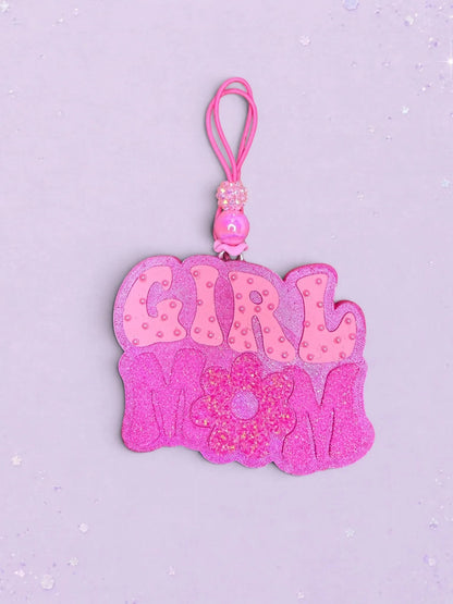 BeFreshie Girl Mom car freshie in bright pink glitter with a flower accent and pink beaded hanging loop