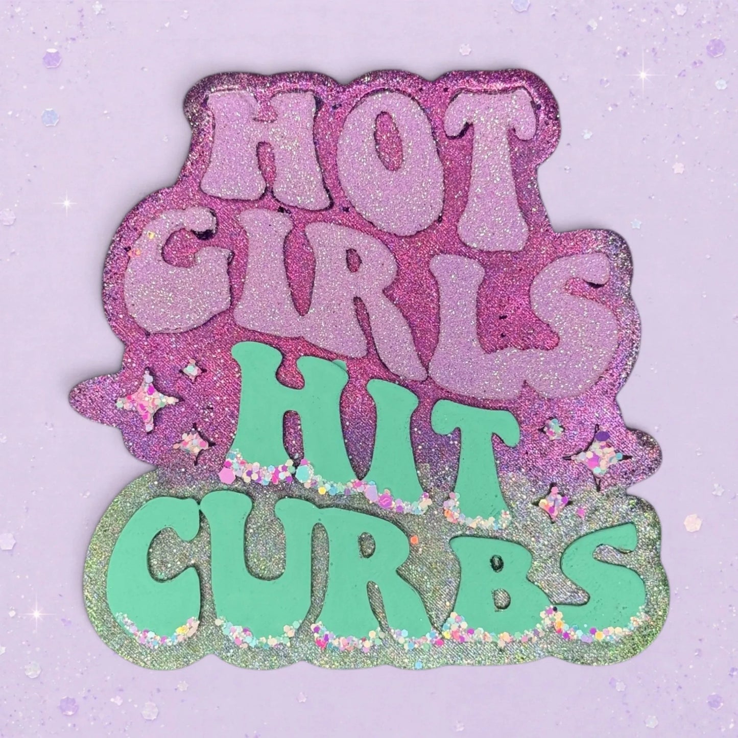 BeFreshie Hot Girls Hit Curbs freshie with glitter accents in purple and mint green.