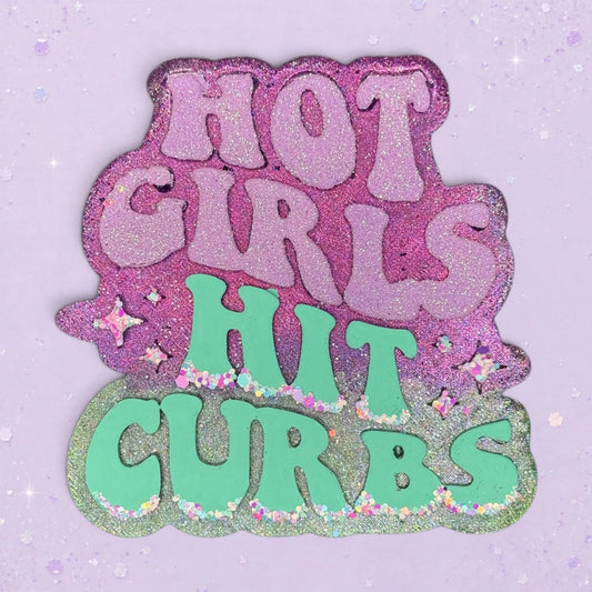 BeFreshie Hot Girls Hit Curbs freshie with glitter accents in purple and mint green.