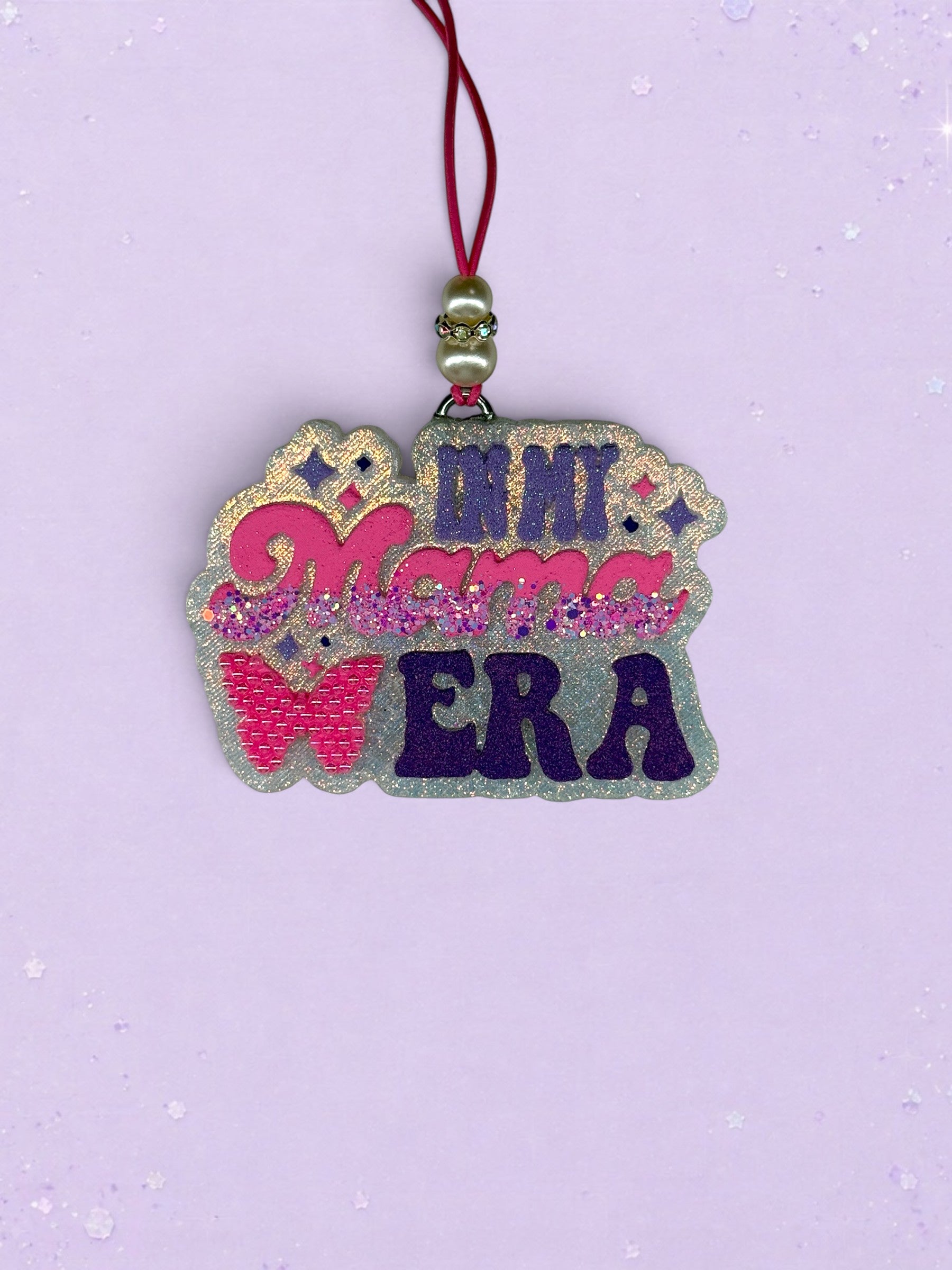 BeFreshie In My Mama Era butterfly freshie with pink glitter and purple text, perfect for mom life.