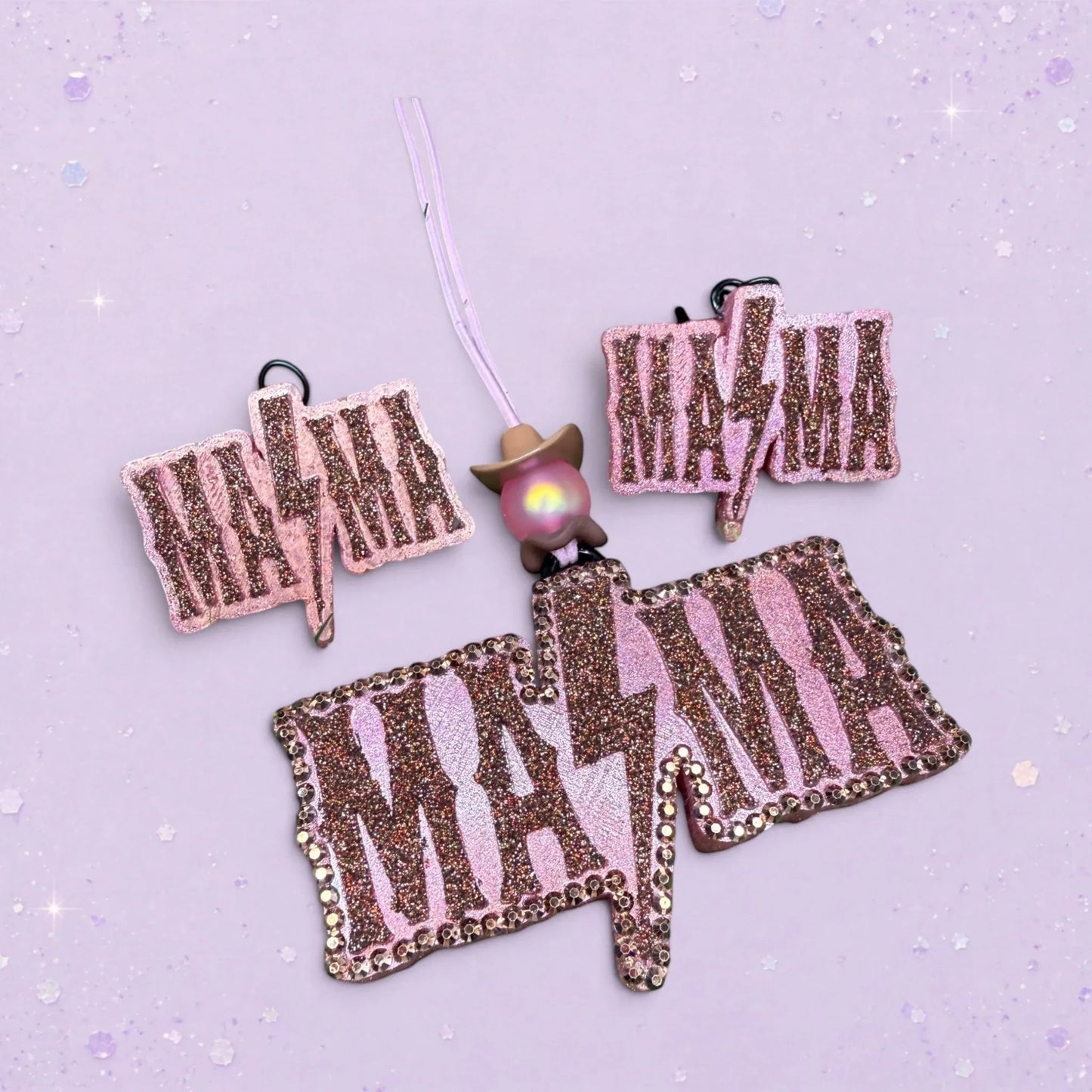 BeFreshie Mama lightning bolt freshie car charm with pink glitter and sequin trim.