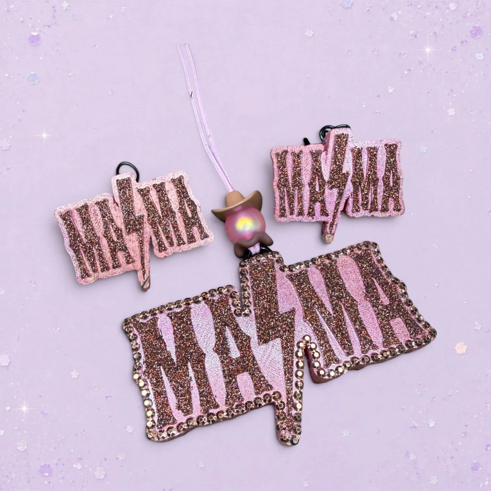 BeFreshie Mama lightning bolt freshie car charm with pink glitter and sequin trim.