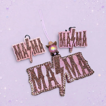 BeFreshie Mama lightning bolt freshie car charm with pink glitter and sequin trim.