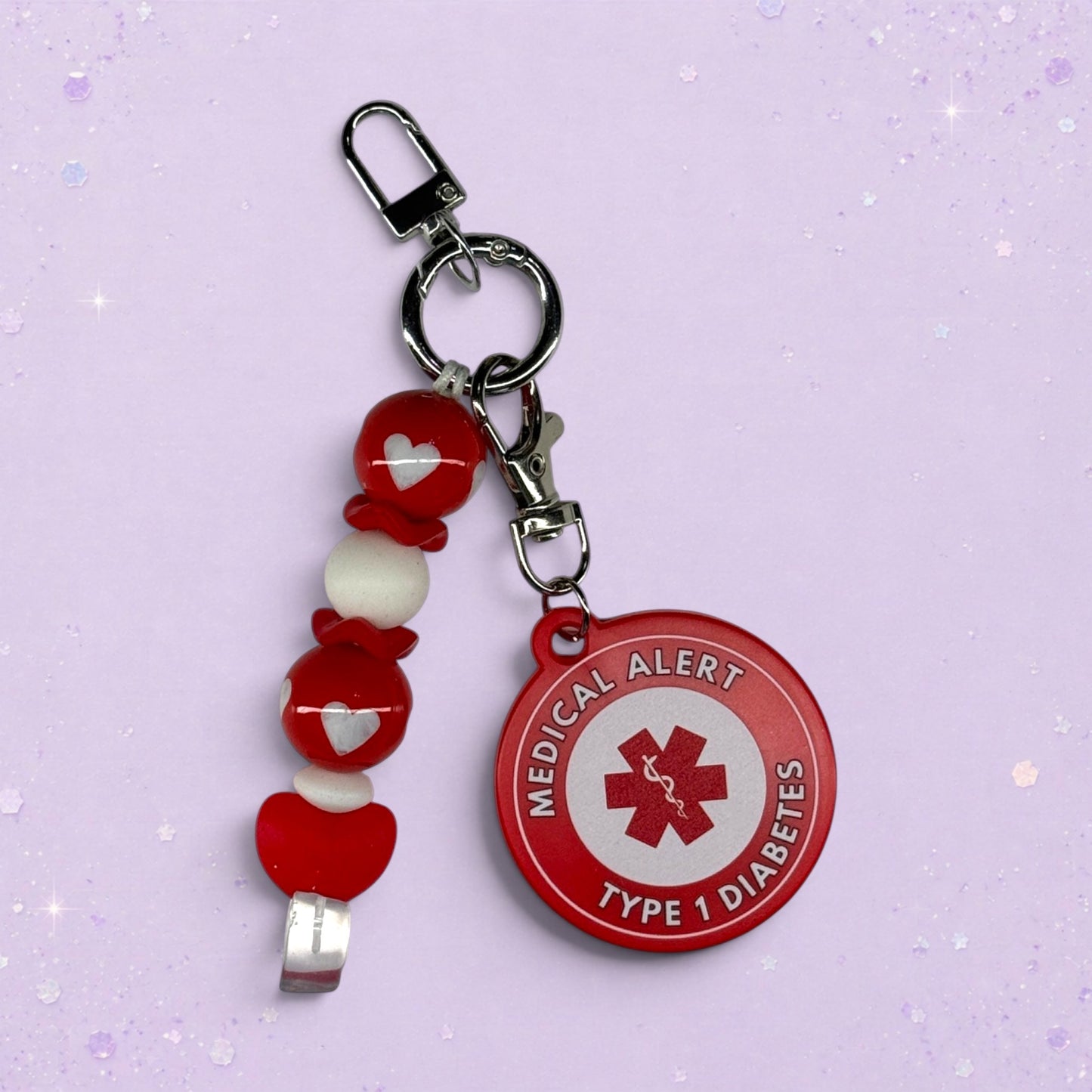 BeFreshie red and white beaded keychain with a Medical Alert Type 1 Diabetes charm.