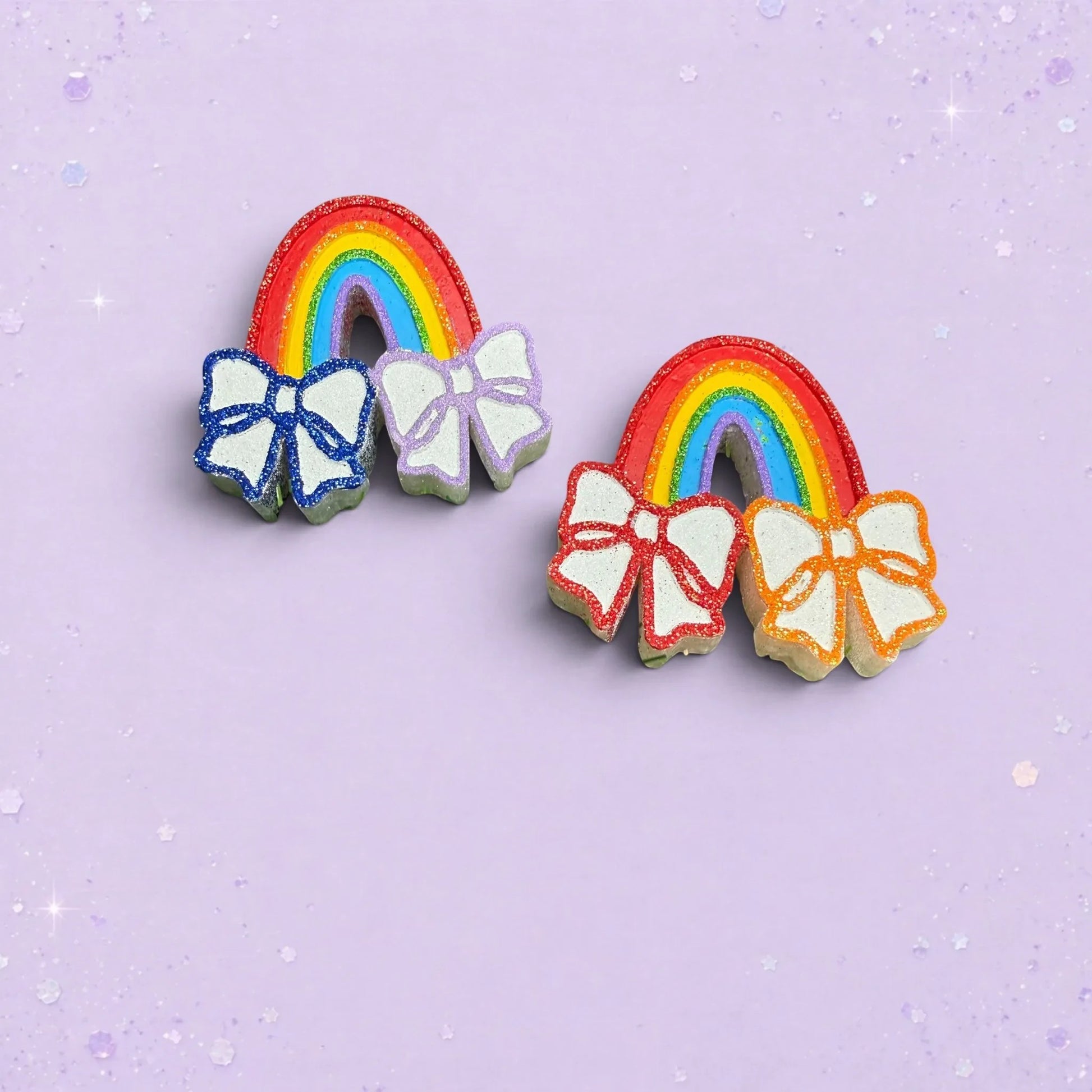 BeFreshie mini rainbow car vent clips with glittery bows in vibrant colors on a light purple background