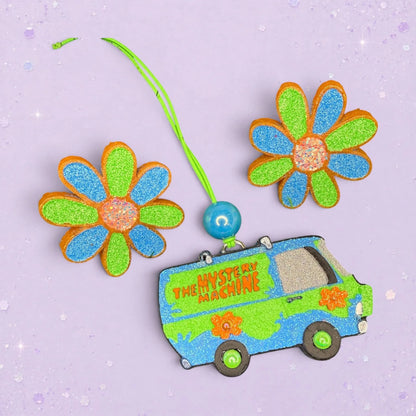 BeFreshie The Mystery Machine Scooby Doo freshie car air freshener with blue and green glitter, orange flowers, and blue bead.