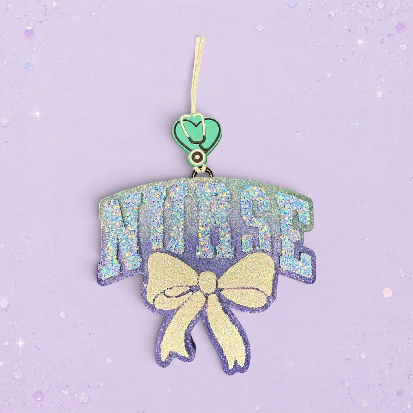 BeFreshie glitter nurse freshie with a bow and stethoscope heart charm