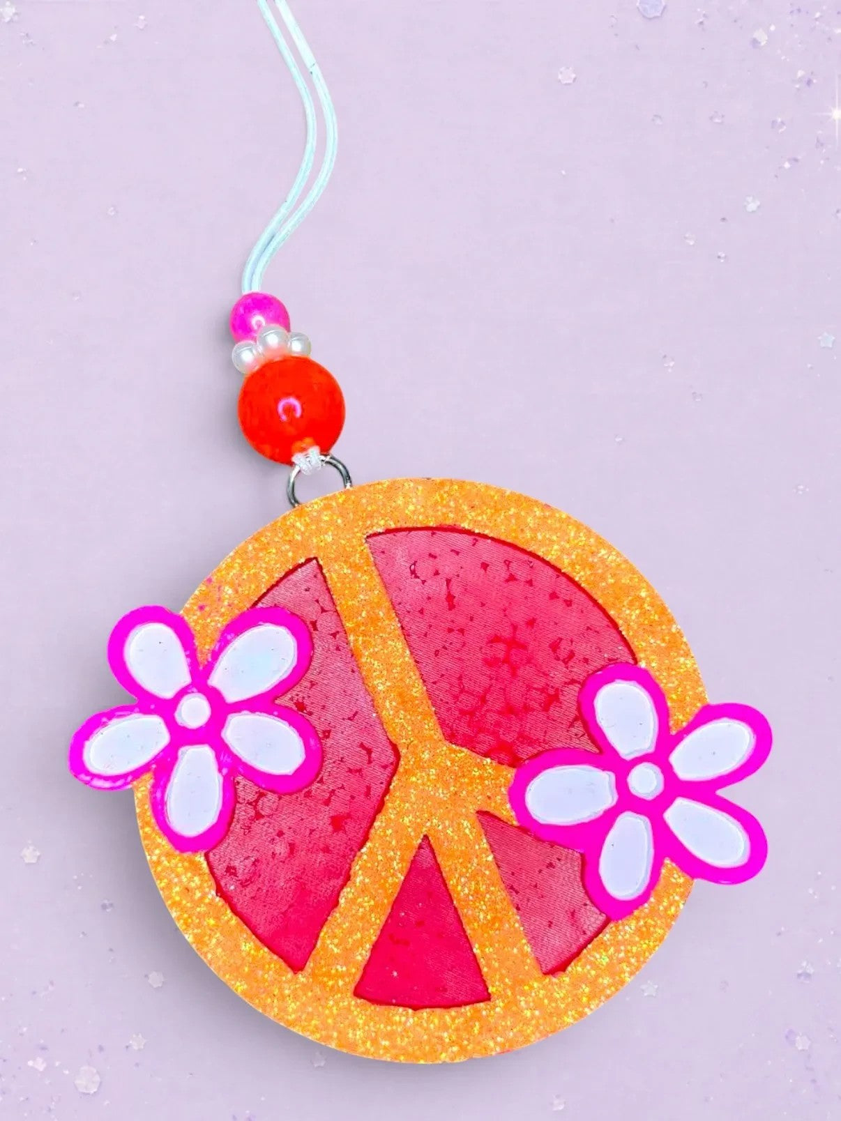 BeFreshie medium peace sign freshie with pink flowers and orange glitter border