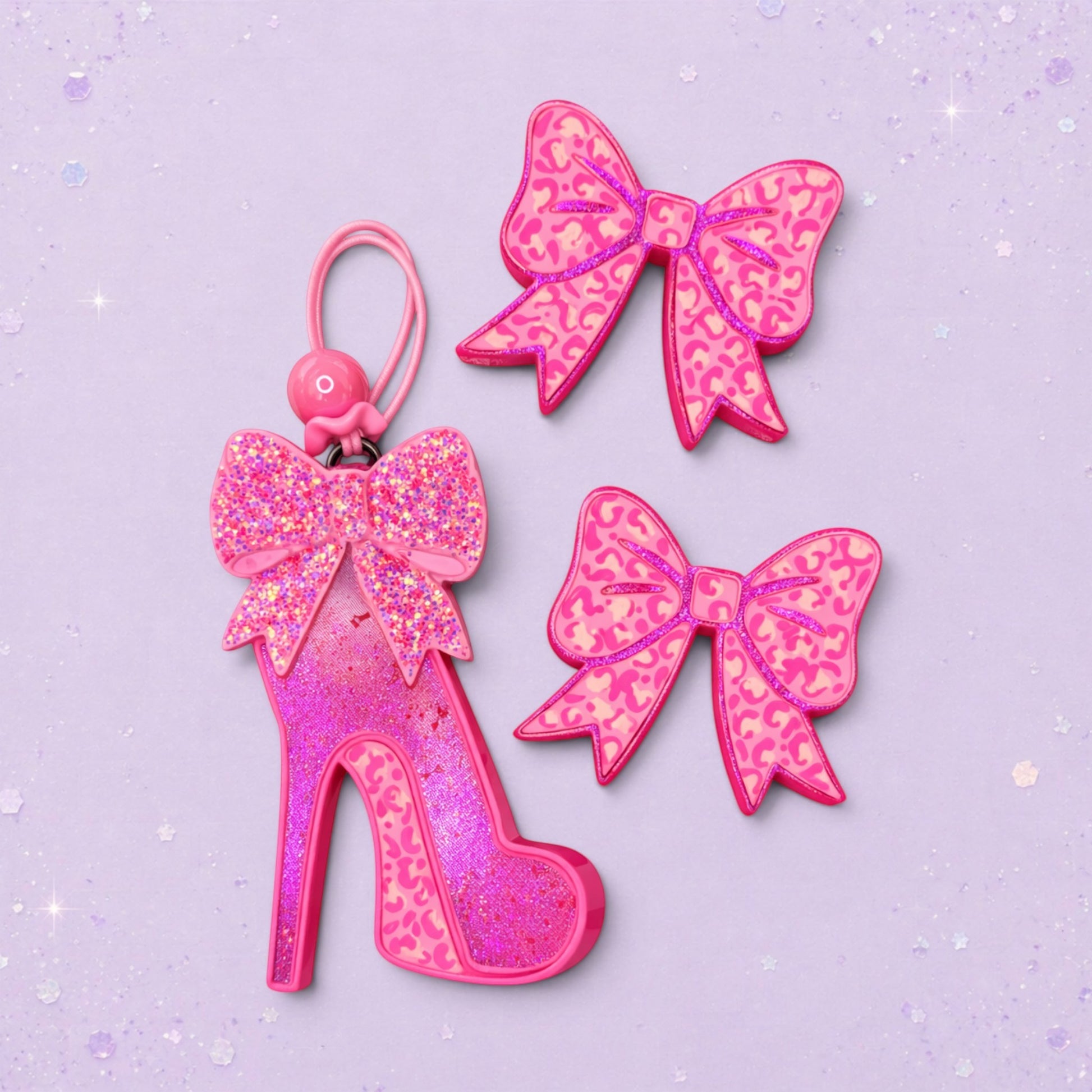 BeFreshie pink glitter high heel shoe charm with bow detail and two matching bow charms.