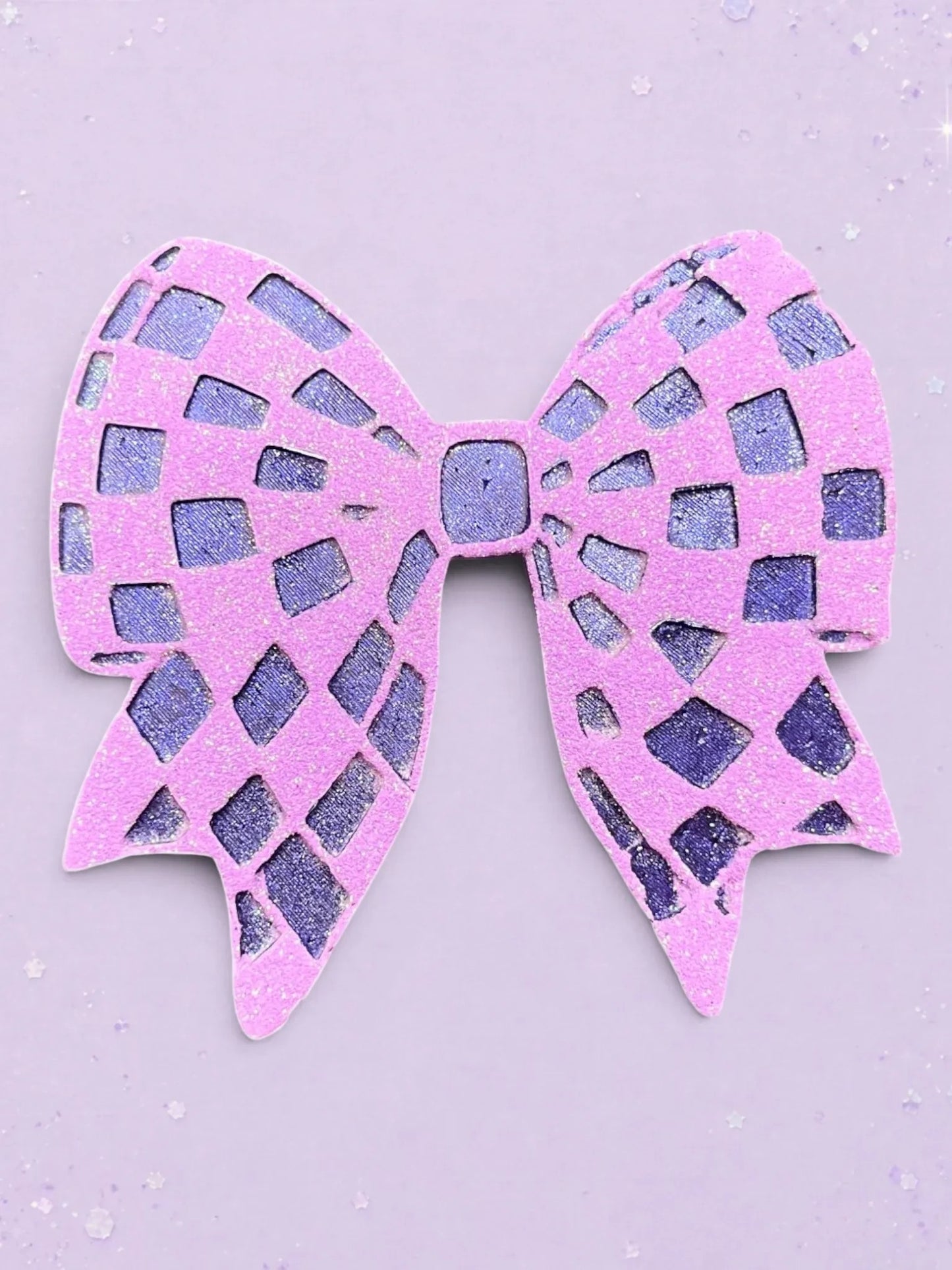 BeFreshie checkered bow car freshie in glittery pink and purple with a feminine, decorative design.