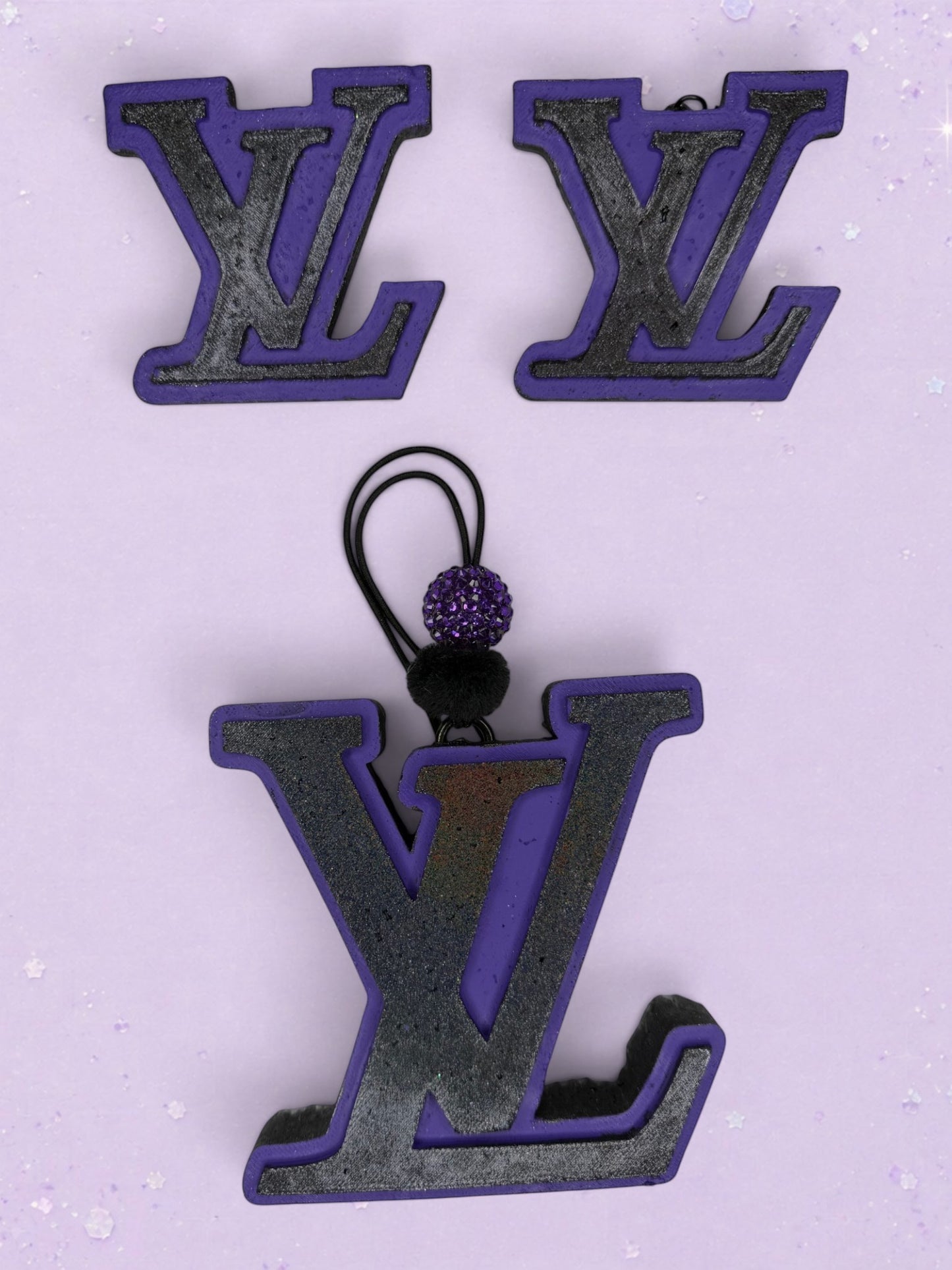 BeFreshie purple and black LV logo car air freshener with a decorative beaded hanging loop