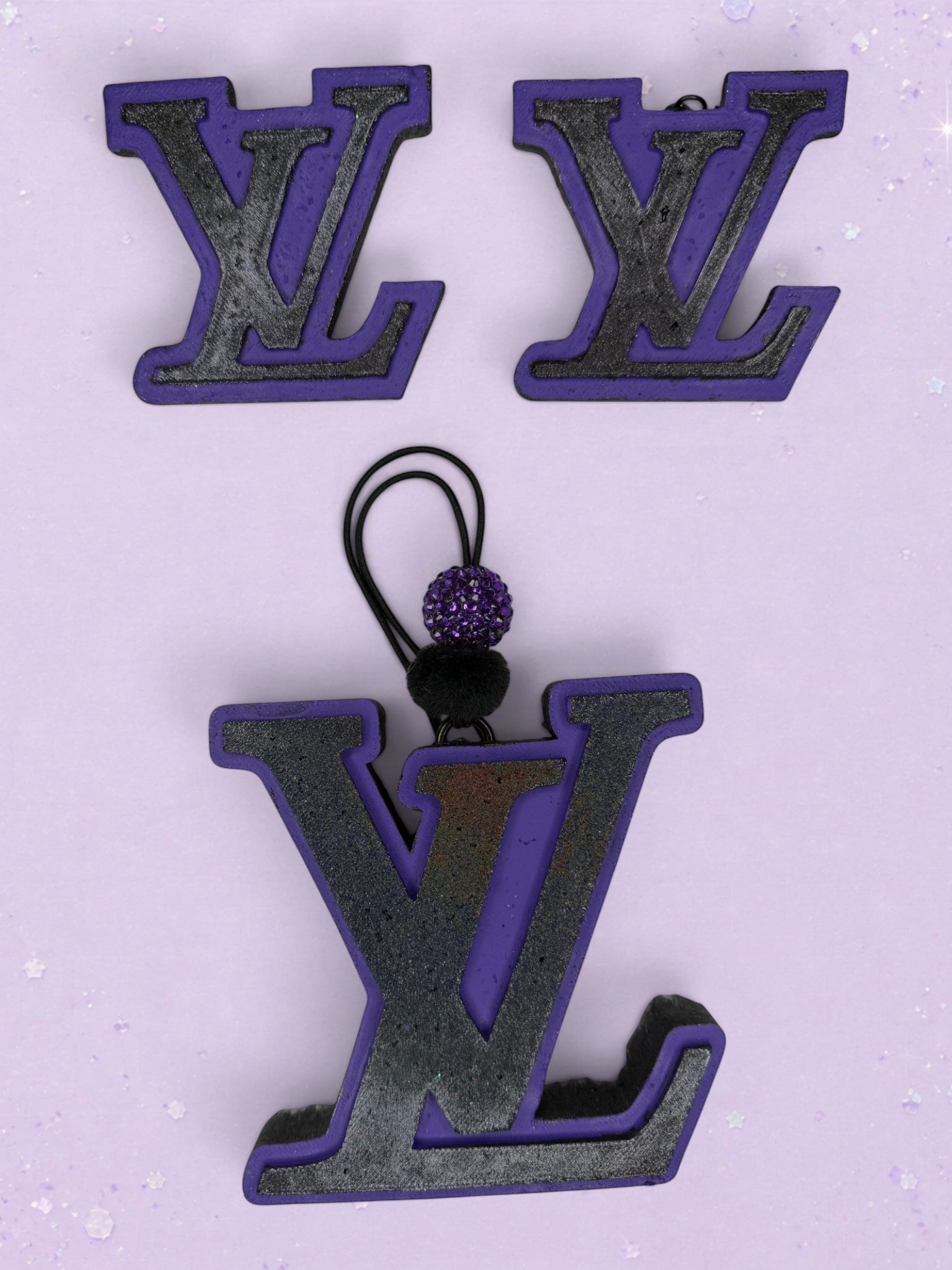 BeFreshie purple and black LV logo car air freshener with a decorative beaded hanging loop