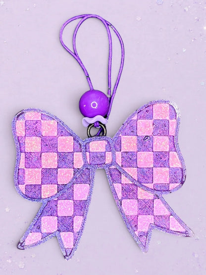 BeFreshie purple checkered bow car freshie with glitter finish and hanging bead detail