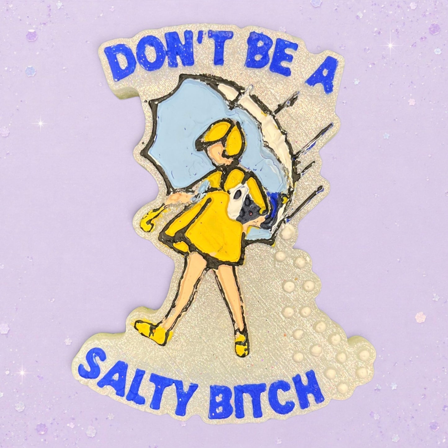BeFreshie handmade air freshener featuring a girl in a yellow raincoat with an umbrella and Don't Be A Salty Bitch text