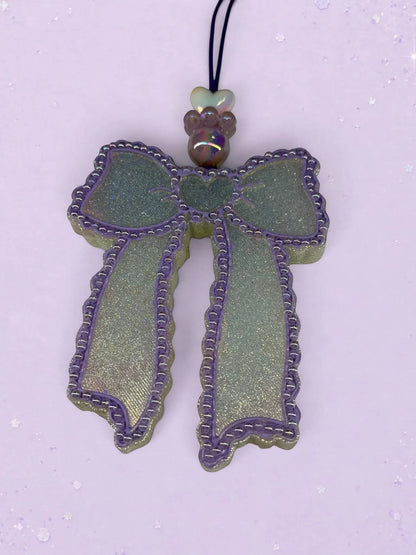 BeFreshie Scallop Bow long tails car freshie in shimmering iridescent green and purple with decorative bead accent