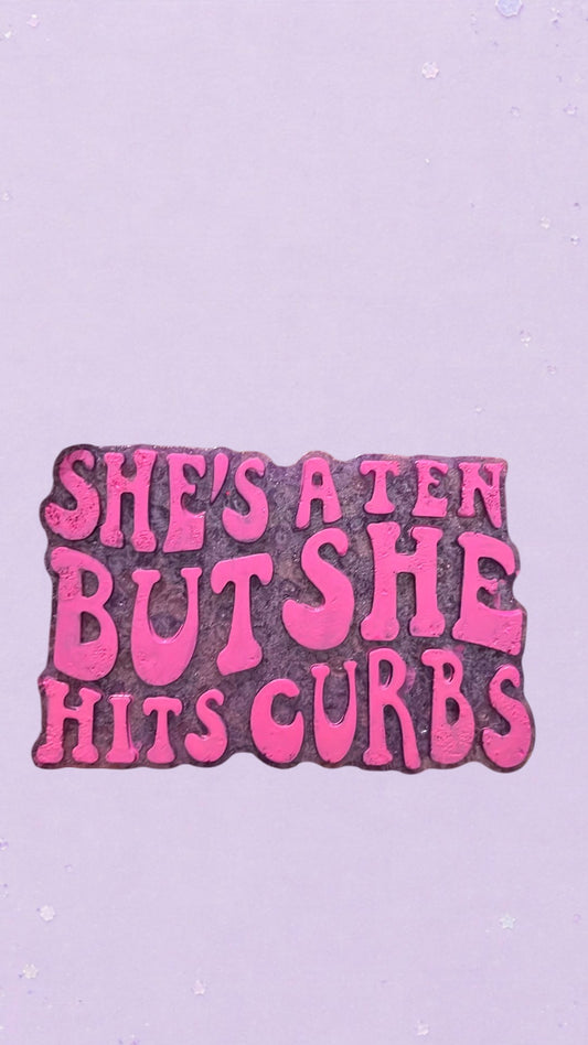 BeFreshie purple and pink novelty car air freshener with "She's A Ten But She Hits Curbs" text.