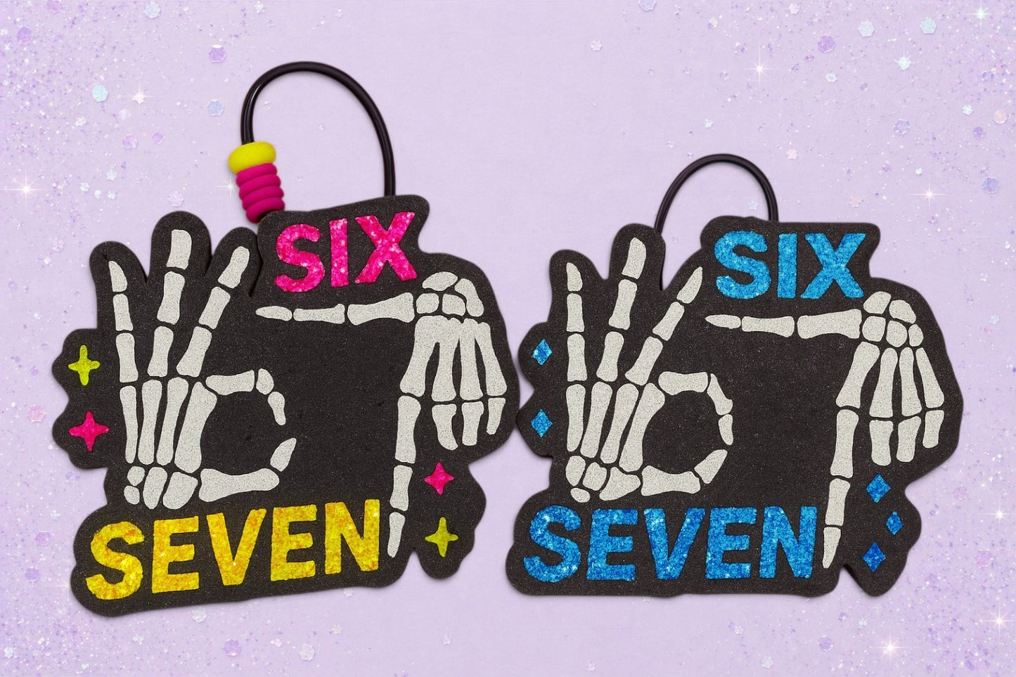 BeFreshie Six Seven car air fresheners with skeleton hand gesture design in pink and blue glitter accents