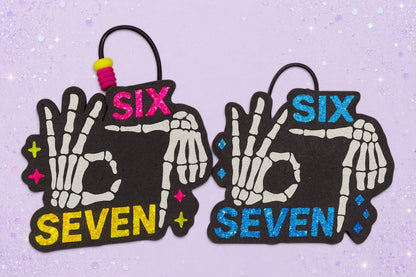 BeFreshie Six Seven car air fresheners with skeleton hand gesture design in pink and blue glitter accents