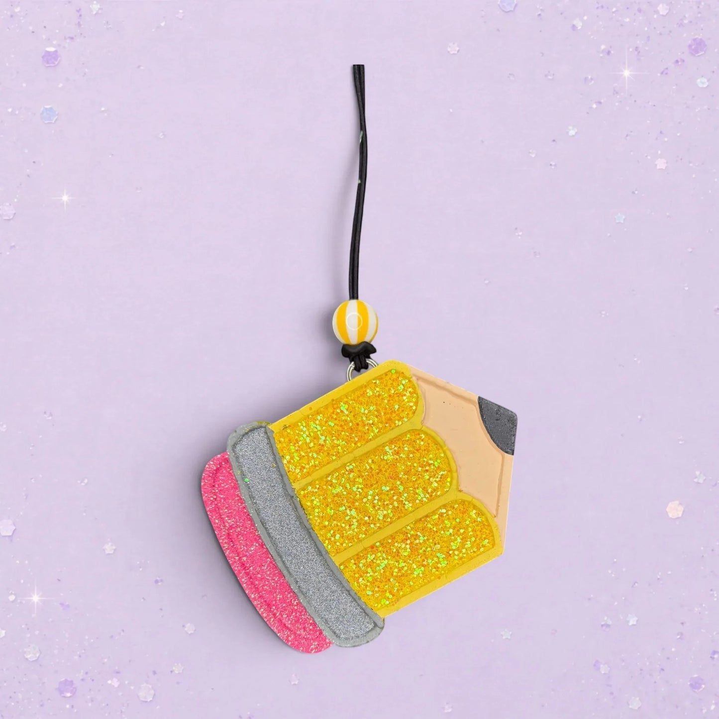 BeFreshie Wide Pencil freshie air freshener, yellow glitter pencil with pink and silver eraser details.